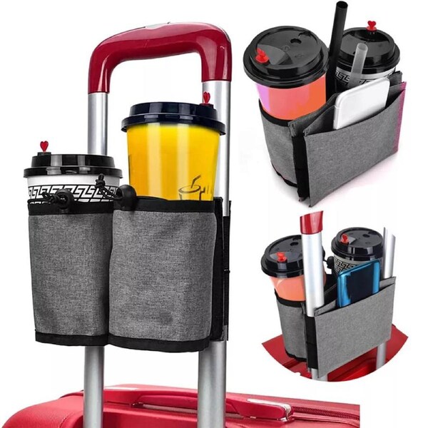 Luggage Travel Cup Holder Oxford Cloth Free Hand Suitcase Drink Holder Handle~Grey