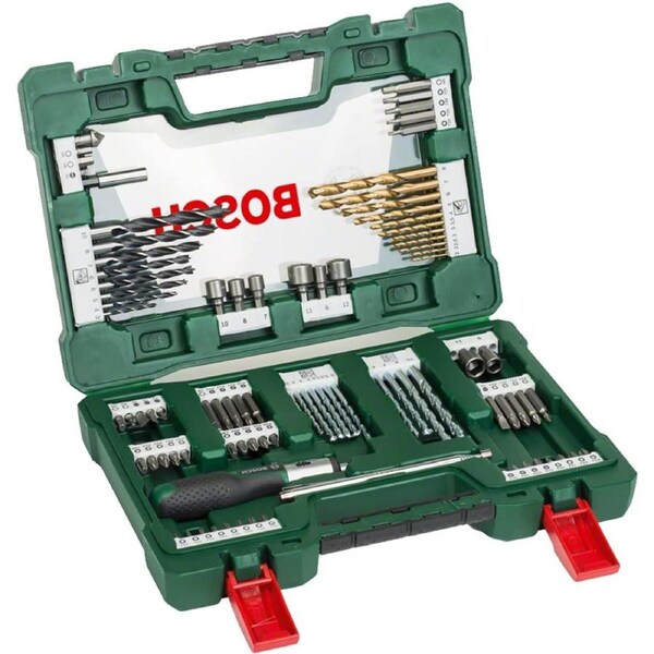 Bosch 91-Piece V-Line Titanium Drill Bit and Screwdriver Bit Set w/ Ratcheting Screwdriver (For Wood, Masonry, and Metal)