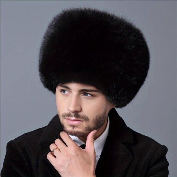 Mens Ushanka Ukrainian Trapper Hat in Black Faux Fur Windproof & Insulated Winter Cap