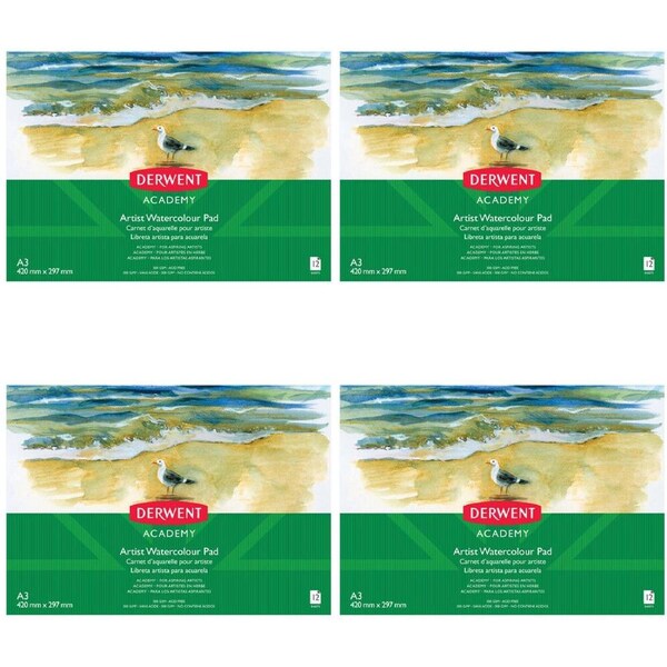 4PK Derwent Academy Watercolour A3 Landscape Paper Pad 12 Sheet 300Gsm