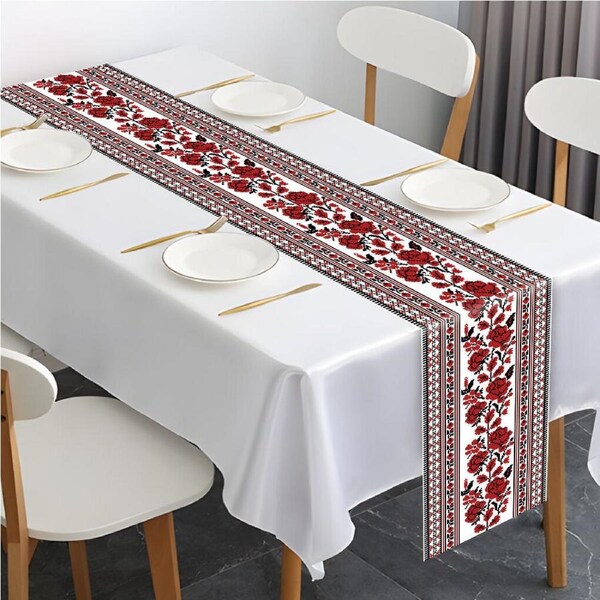 Ukrainian Table Runner – Folk Traditional Print in White, Black & Red (180x35cm)