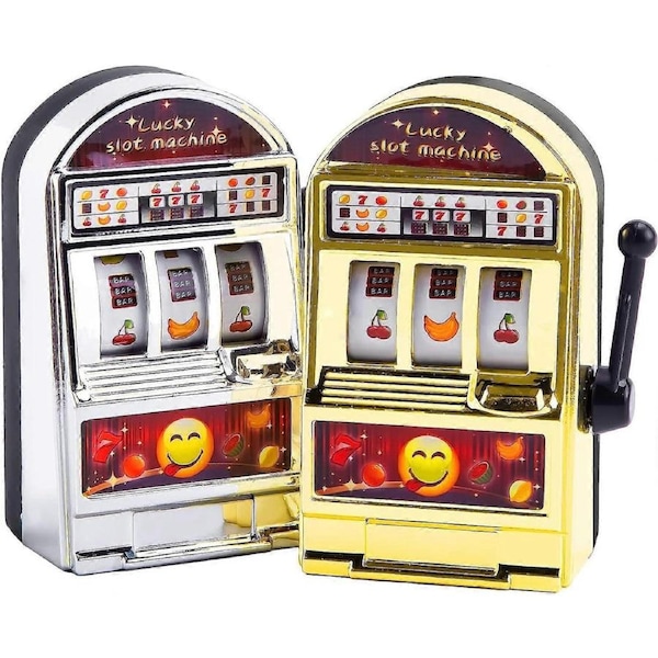 Mini Slot Machine Toy, 2PCS Funny Toy Mini Lucky Slot Machine Bank for Creative Festival Gift Birthday Cake Decor Casino Theme Party Decorations Las V