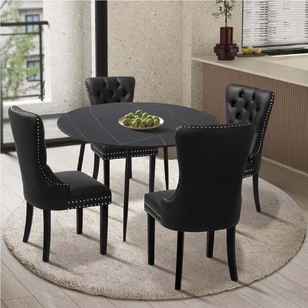 Oikiture 110cm Round Dining Table with 4PCS Dining Chairs PU Leather Black