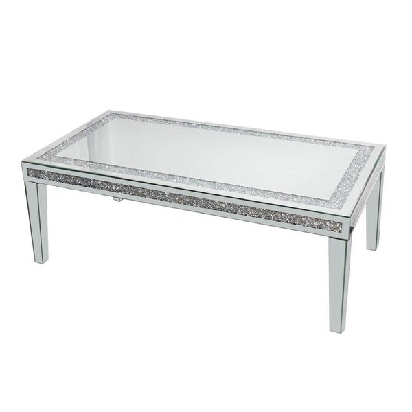 Silver Mirrored Coffee Table with Crushed Crystal Diamond Inlay Rectangular Center Table for Living Room