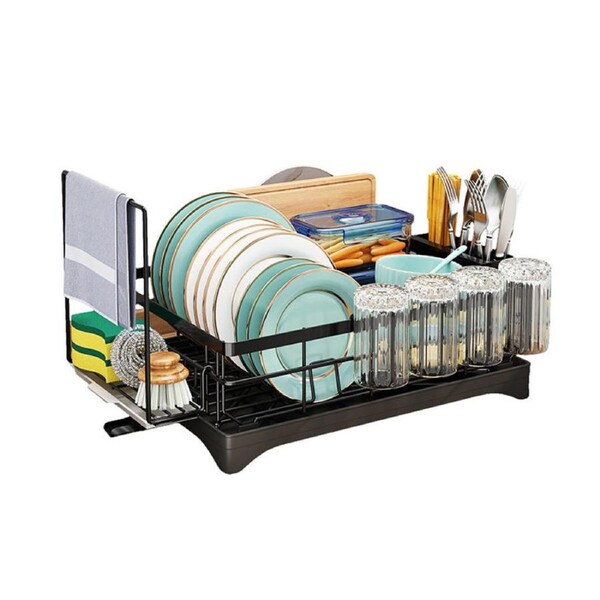 Catzon Dish Drying Rack with Auto-Drain System & 4 Cup Holder for Kitchen Counter