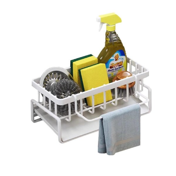 Catzon Sink Organizer Stainless Steel with Dishcloth Holder & Auto Drain Tray-White