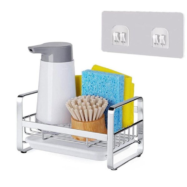 Catzon Kitchen Sink Caddy 304 Stainless Steel with Drain Tray for Sponge Brush-Silver