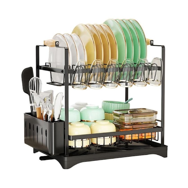 Catzon 2 Tier Dish Drying Rack with Utensils Holders and Drain Tray for Kitchen-Black