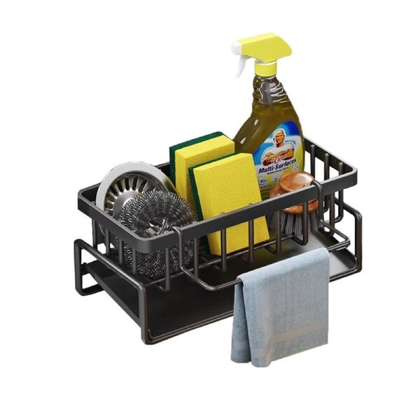 Catzon Sink Organizer Stainless Steel with Dishcloth Holder & Auto Drain Tray-Black