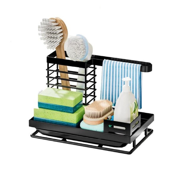 Catzon Sink Caddy with Removable Drain Tray Storage for Soap Sponge Dishcloth-Black