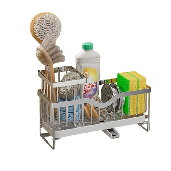 Catzon Kitchen Sink Caddy with High Brush Holder for Storage Kitchen Essentials-Sliver