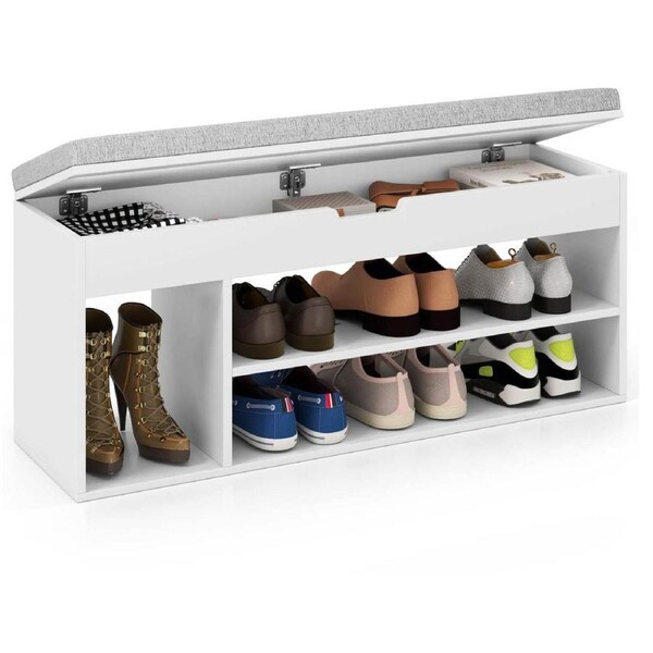 Costway 3-Tier Shoes Storage Bench w/Padded Seat Open Shelves Home Entryway Shoe Cabinet White