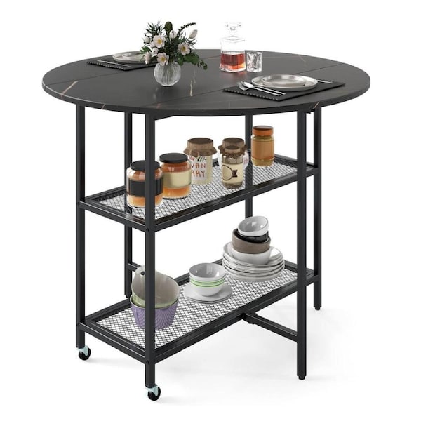 Costway Mobile Folding Dining Table Seats w/Storage Shelves/Lockable Wheels/Extendable Round Drop Leaf Kitchen Black