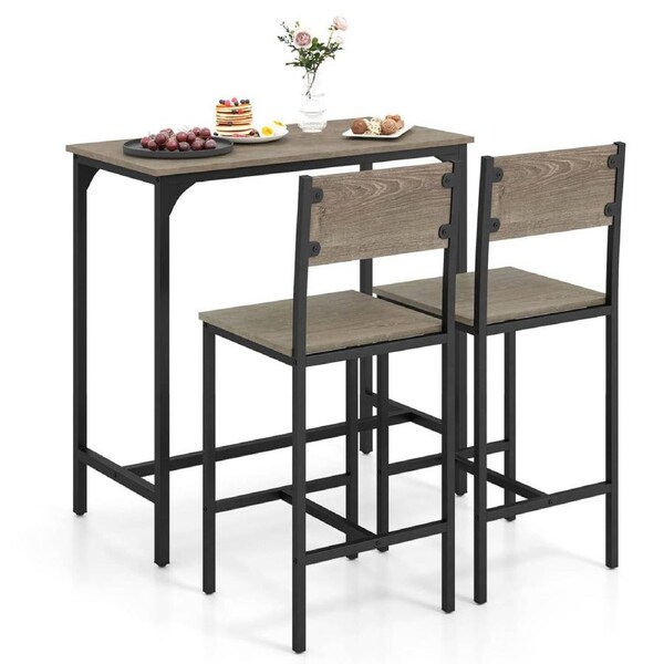 Costway 3 Piece Bar Table Chairs Kitchen Breakfast Table w/2 Stools Pub Counter Height Dining Console Table Grey