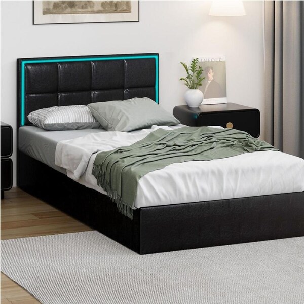Oikiture Bed Frame Single Size RGB LED Gas Lift Storage Base Leather