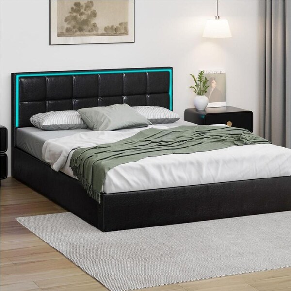 Oikiture Bed Frame Queen Size RGB LED Gas Lift Storage Base Leather