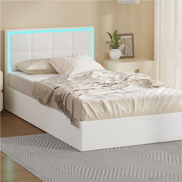 Oikiture Bed Frame Single Size RGB LED Gas Lift Storage Base White Boucle