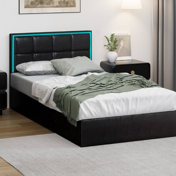 Oikiture Bed Frame King Single Size RGB LED Gas Lift Storage Base Leather