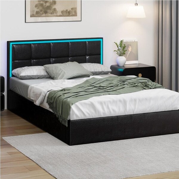 1x Oikiture Bed Frame Double Size RGB LED Gas Lift Storage Base Leather