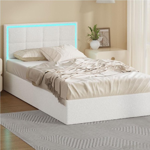 Oikiture Bed Frame King Single Size RGB LED Gas Lift Storage Base White Boucle