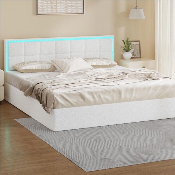 Oikiture Bed Frame King Size RGB LED Gas Lift Storage Base White Boucle