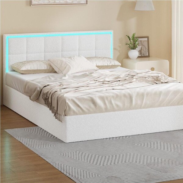 Oikiture Bed Frame Queen Size RGB LED Gas Lift Storage Base White Boucle