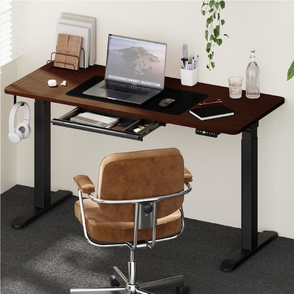 Oikiture 140cm Electric Standing Desk with Drawer Height Adjustable Black Walnut