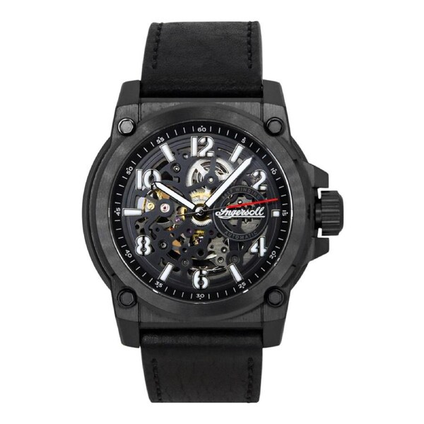 Ingersoll The Anvil Automatic I16602 Mens Watch Leather Strap Black Skeleton Dial 50M