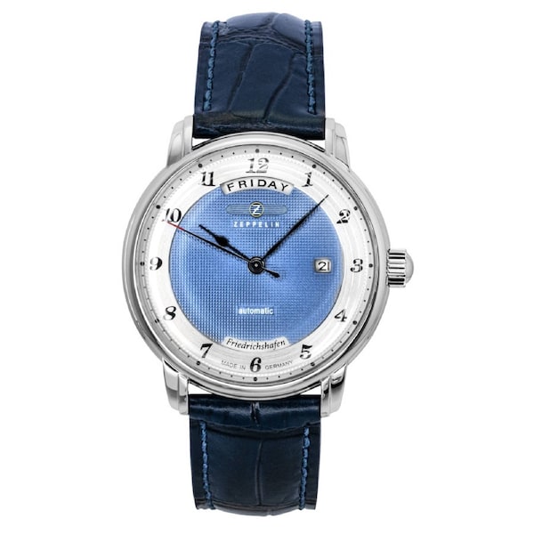 Zeppelin Friedrichshafe Automatic 21 Jewels Z85624 Mens Watch Blue Leather Strap Blue Dial 50M Day/Date Display