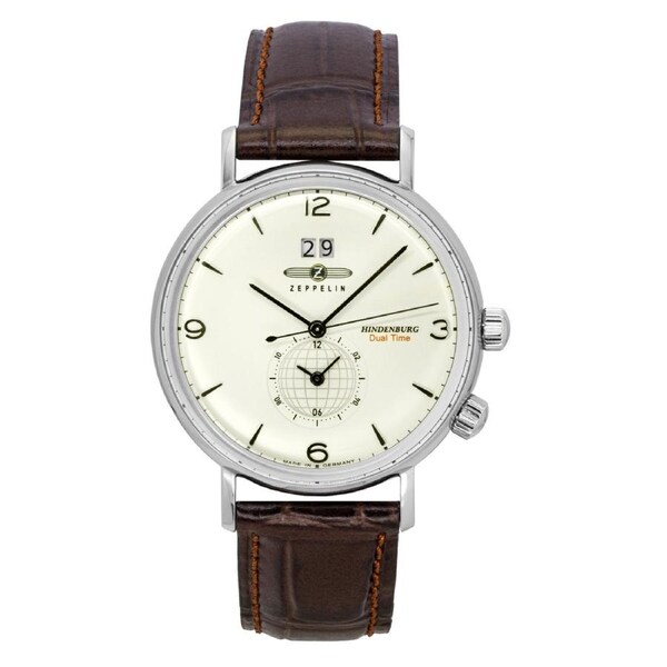Zeppelin Hindenburg Dual Time Quartz 80445 Mens Watch Brown Leather Strap Beige Dial Date Display 50M