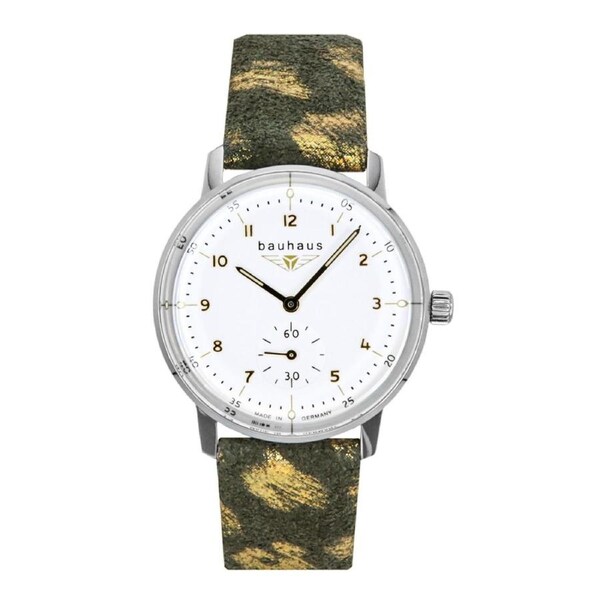 Bauhaus Classic BA-0371 Quartz 2 Jewels Camouflage Leather Strap White Dial Womens Ladies Watch 50M