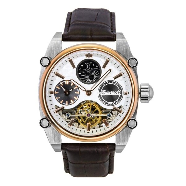 Ingersoll The Varsity Dual Time Sun And Moon Phase Automatic 22 Jewels I15401 Mens Watch Silver Skeleton Dial Leather Strap 50M