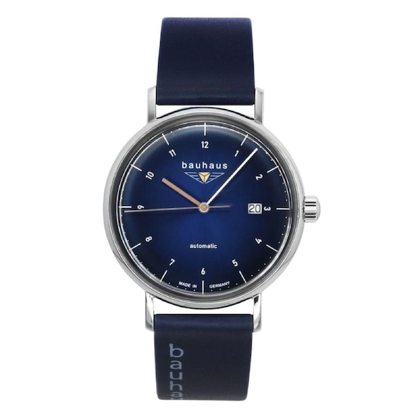 Bauhaus Automatic 25 Jewels BA-21523 Mens Watch Leather Strap Dark Blue Dial Date Display 50M