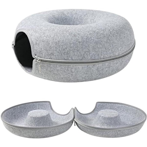 Cat Tunnel Bed Felt Pet Puppy Nest Cave House Round Donut Interactive Play Toy - Large Grey