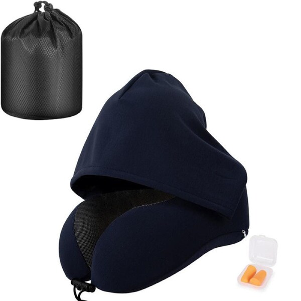 Nevenka Travel Neck Pillow with Hood Memory Foam for Neck Support-Cotton-Navy Blue