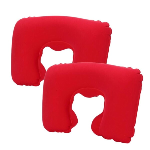 Nevenka 2 Pcs Inflatable U-Shaped Pillow Flocked Fabric for Traveling-Red