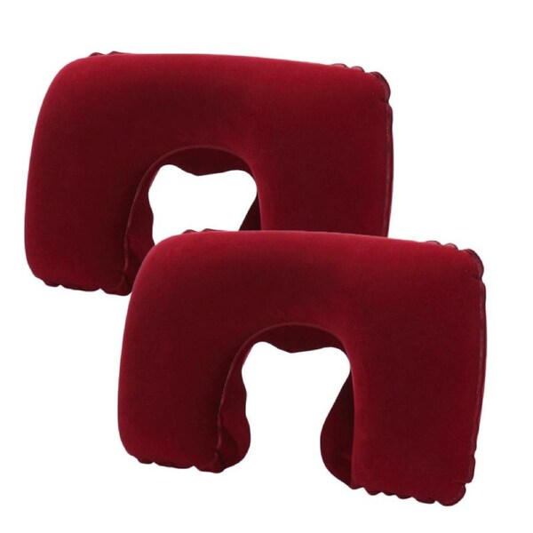 Nevenka 2 Pcs Inflatable U-Shaped Pillow Flocked Fabric for Traveling-Wine Red