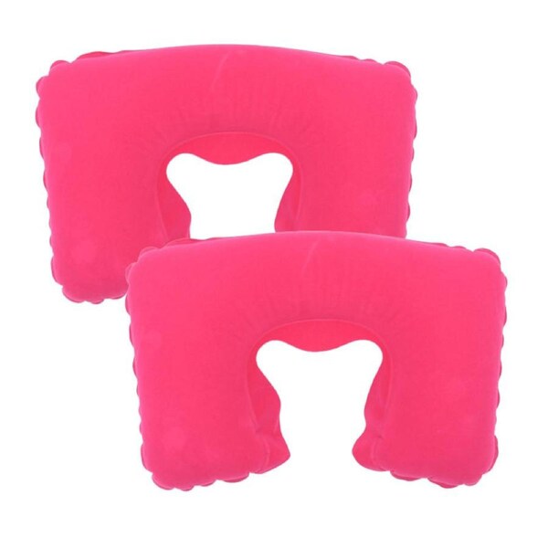 Nevenka 2 Pcs Inflatable U-Shaped Pillow Flocked Fabric for Traveling-Rose Red