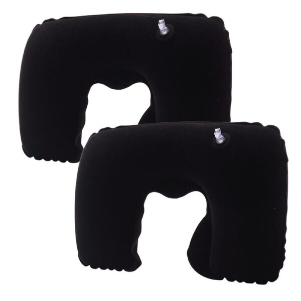 Nevenka 2 Pcs Inflatable U-Shaped Pillow Flocked Fabric for Traveling-Black
