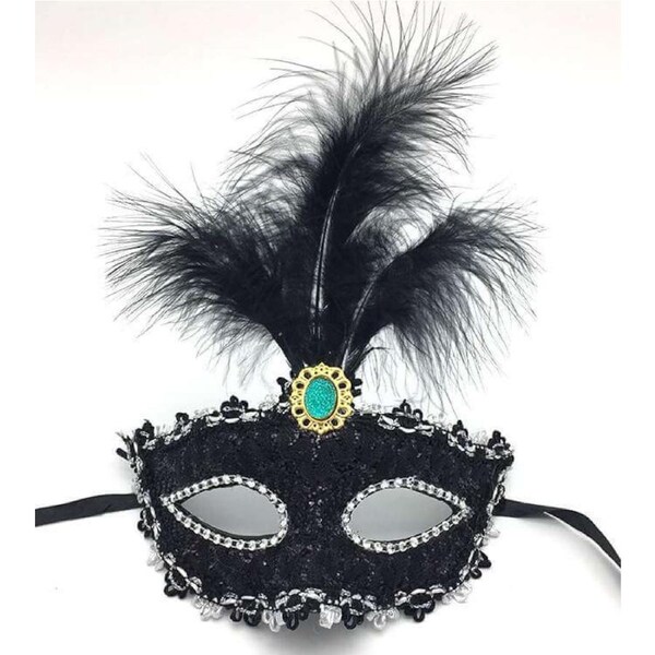 Elegant Tall Feather Lace Masquerade Mask for Women - Black