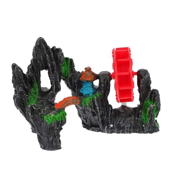 Nevenka Fish Tank Mountain Decor with Waterwheel Artificial Aquarium Landscape-B