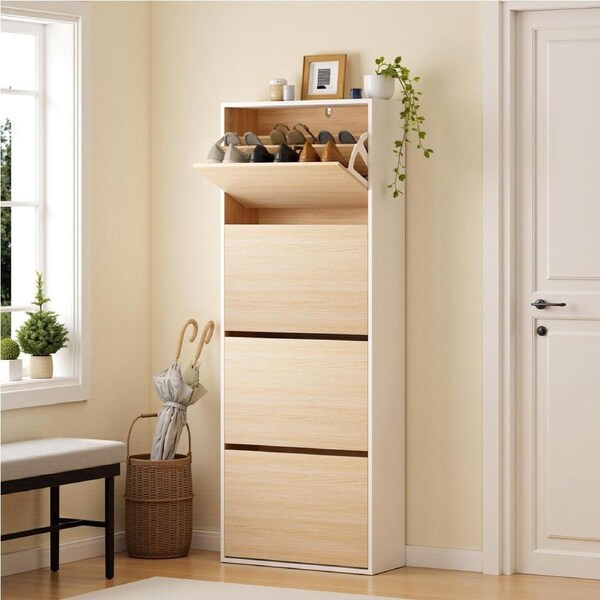 Artiss Shoe Rack Cabinet 4 Flip Drawers 24 Pairs Pine