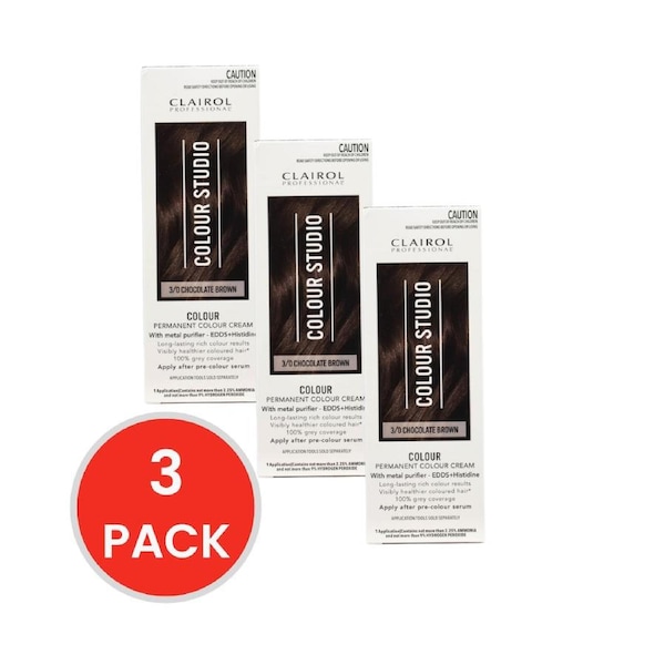 Clairol Professional Permanent Hair Cream Colour Studio 3/0 Chocolate Brown (3x Pack)