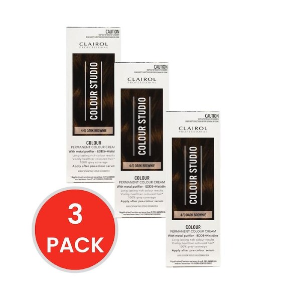 Clairol Professional Permanent Hair Cream Colour Studio 4/0 Dark Brownie (3x Pack)