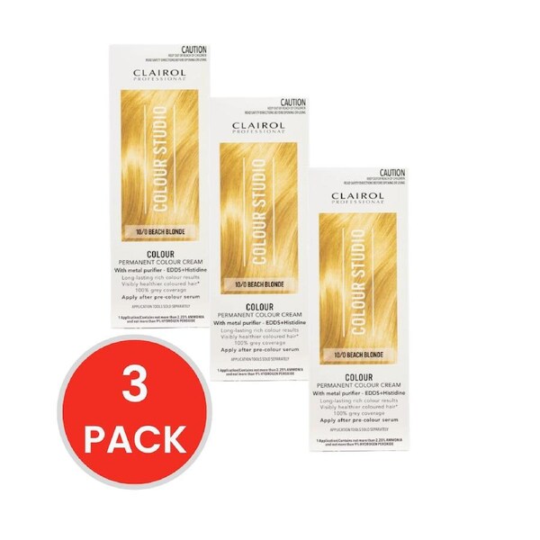 Clairol Professional Permanent Hair Cream Colour Studio 10/0 Beach Blonde (3x Pack)