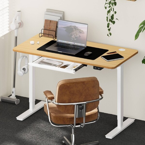 Oikiture 140cm Electric Standing Desk with Drawer Height Adjustable White & Oak