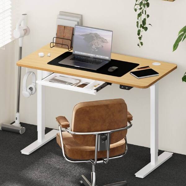 Oikiture 150cm Electric Standing Desk with Drawer Height Adjustable White & Oak