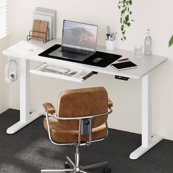 Oikiture 140cm Electric Standing Desk with Drawer Height Adjustable White