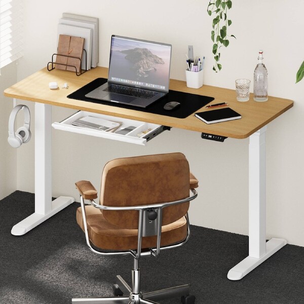 Oikiture 150cm Electric Standing Desk with Drawer Height Adjustable White Oak