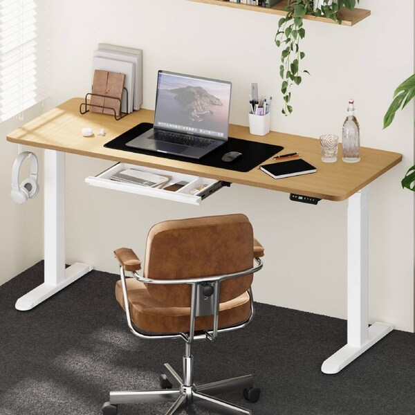 Oikiture 160cm Electric Standing Desk with Drawer Height Adjustable White Oak